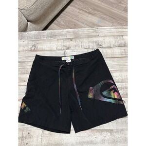 Roxy Womens Black Board Shorts Rainbow Holographic Logo Swim Trunks Size 9